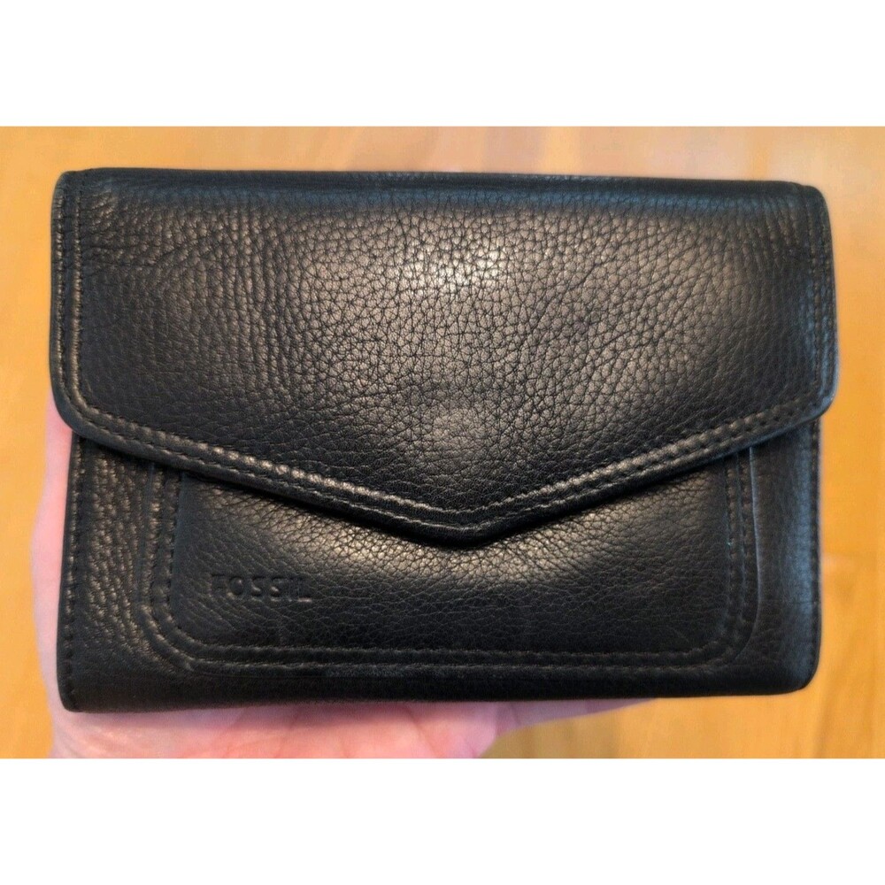 Fossil Tri Fold Black Pebbled Leather Wallet top Zip Lots Of Card Holders 5.5x4"